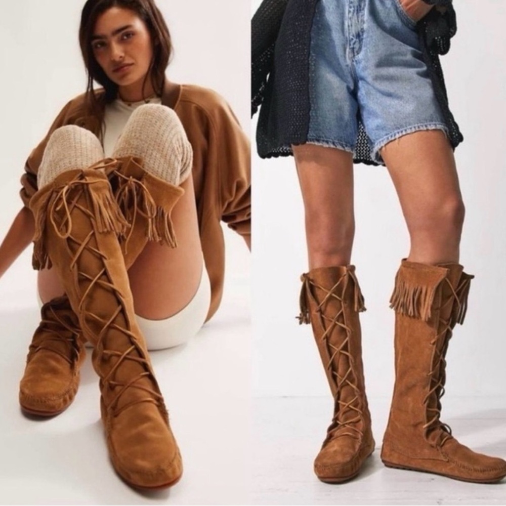 MINNETONKA NEW fringed tan womens size 9 Suede Knee-High Boots